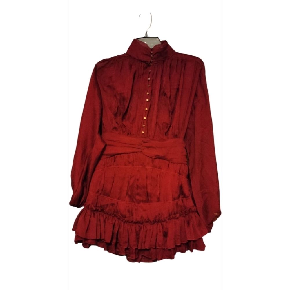 Button-Front Crimson Ruffle Mini Dress with Waist Sash